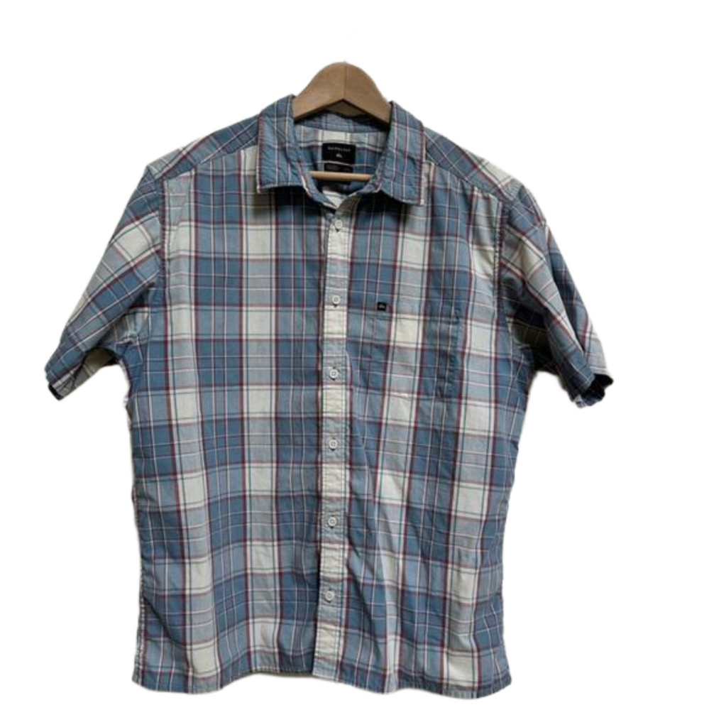 Quiksilver Blue, Red & Cream Plaid Regular Fit Short Sleeve Shirt. Size L